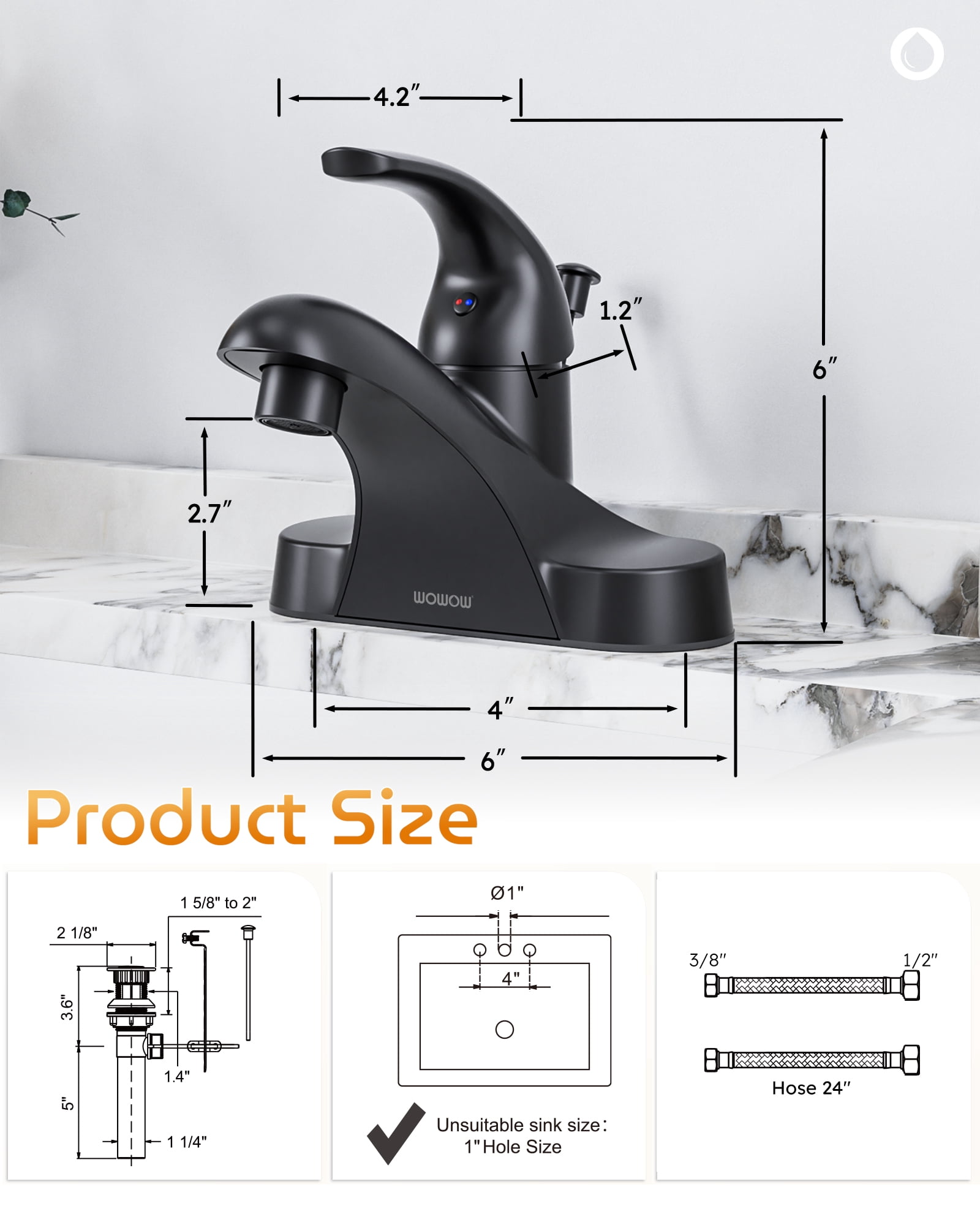 Wowow Matte Black Bathroom Faucet 4 inch Centerset Single Handle Faucet with Lift Rod Drain Assembly, Rv Lavatory Taps 3 Hole