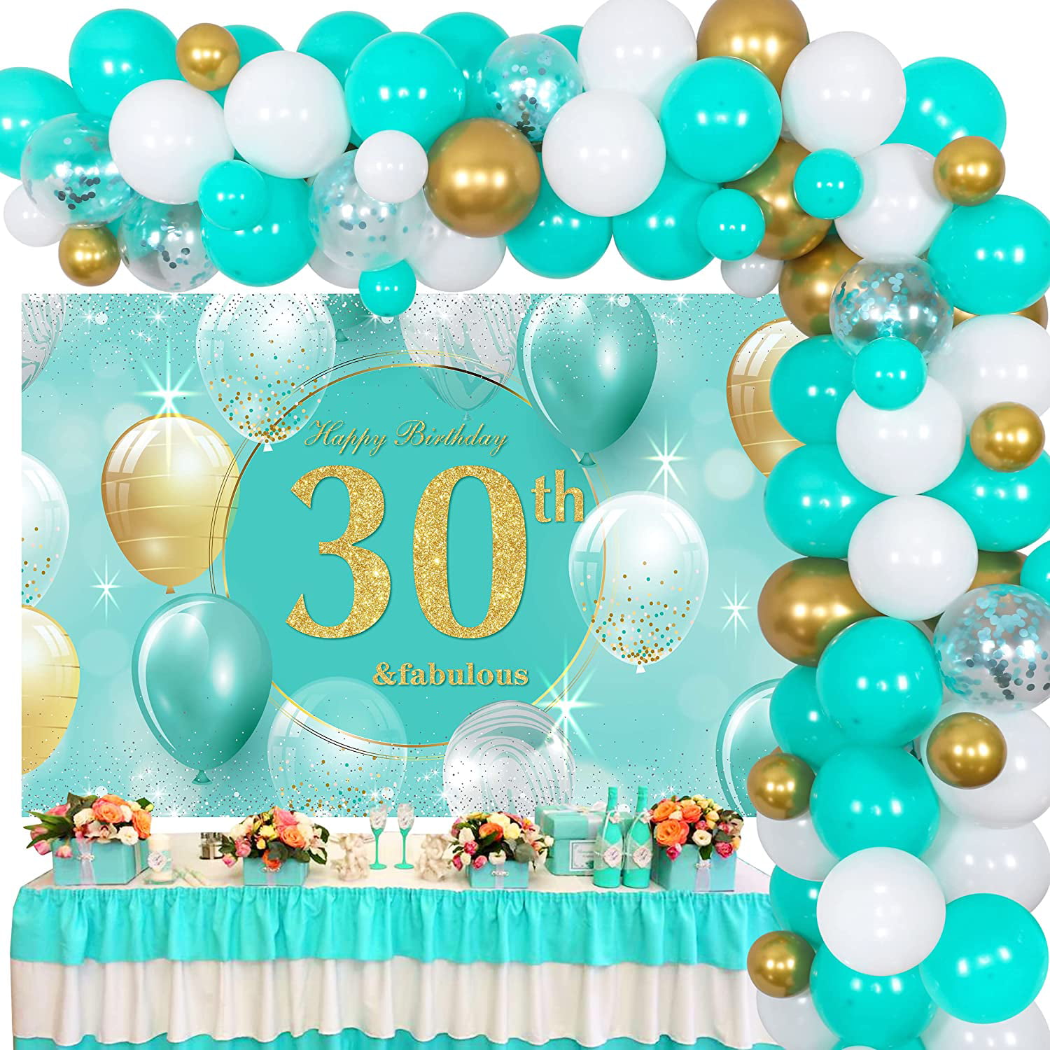 Teal Blue 30th Birthday Party Decorations, Turquoise Blue Gold 30 ...