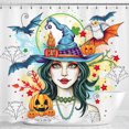 thumbnail image 1 of Whimsical Halloween Shower Curtain - Green Witch Design with Bats & Pumpkins, 1 of 5