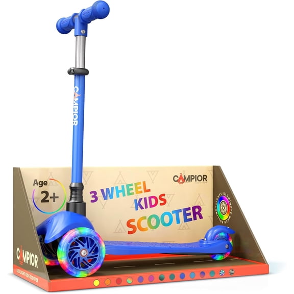 Campior Blue 3-Wheel Kids Scooter, Lean-to-Steer with LED Wheels, Adjustable Handlebar, Anti-Slip Deck, Rear Foot Brake, Ages 2