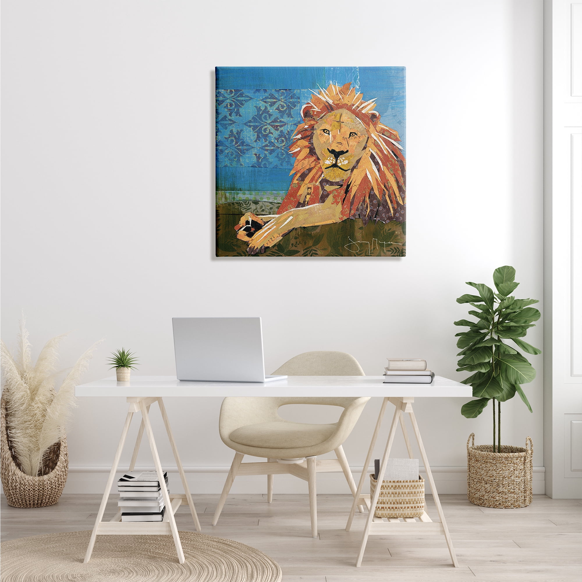 Stupell Industries Safari Lion Abstract Shape Collage Blue Orange Modern Painting Gallery-Wrapped Canvas Print Wall Art, 30 x 30, Design by Jenny McGee