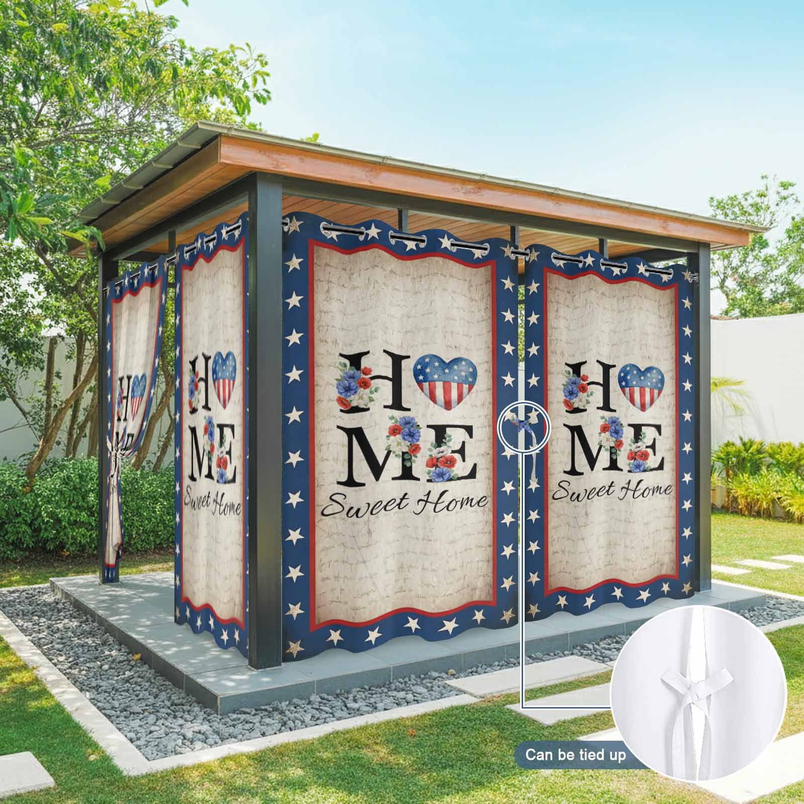4th of July Outdoor Curtains for Patio, Home Sweet Home Blue Stars Floral Usa Flag Vintage Sunshade Privacy Drapes Grommet Waterproof Outside Curtains for Porch/Cabana/Balcony 54"x 108", 1 Panel