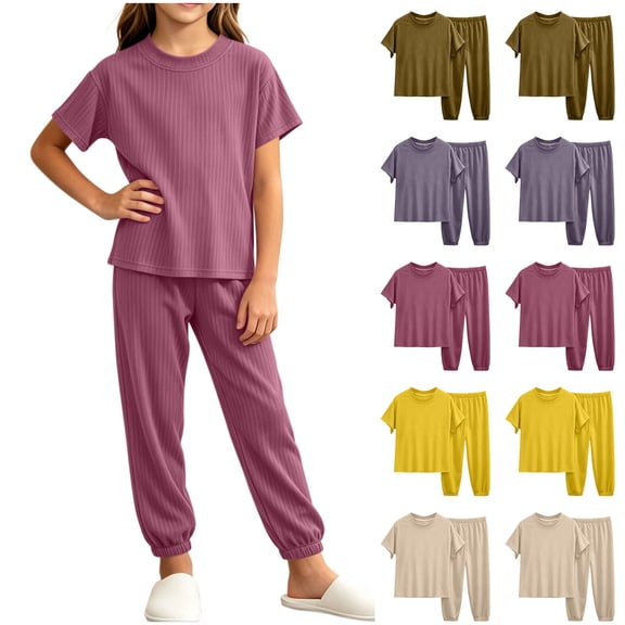 Bovxnpu Girls Sleepwear 2 Piece Loungewear Set Ribbed Short Sleeve Top and Elastic Cuffed Pants Loungewear Outfits Set