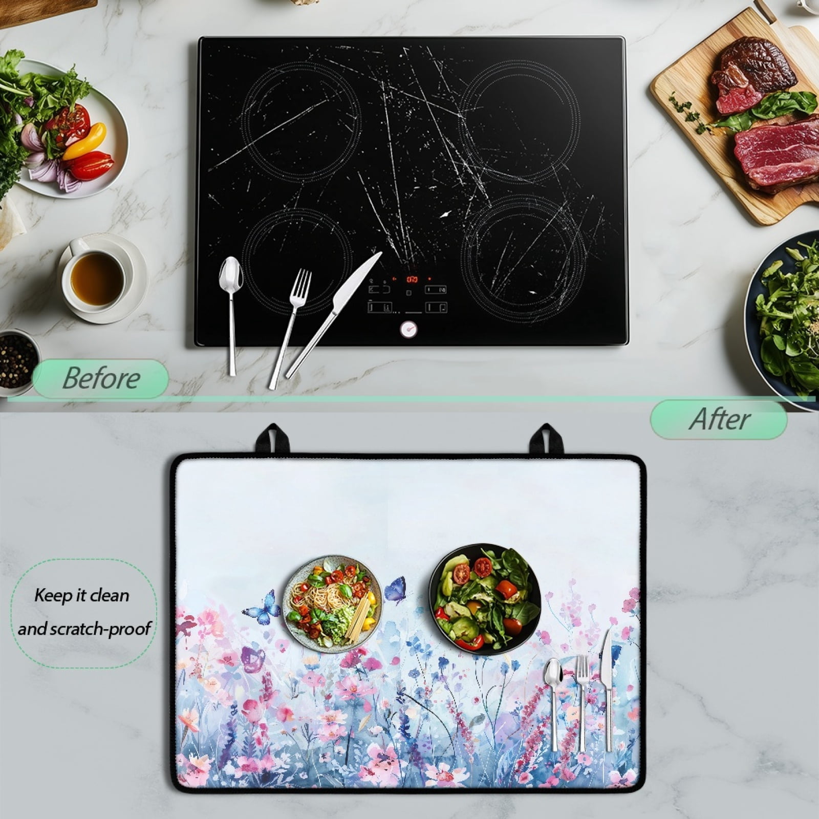 ZIATUBLE Stove Top Covers for Electric Stove Anti-Scratch Flat Induction Cooktop Cover Ceramic Glass Stove Top Protector Mat with Rubber Backing, 29 x 21 Inch, Butterfly Floral
