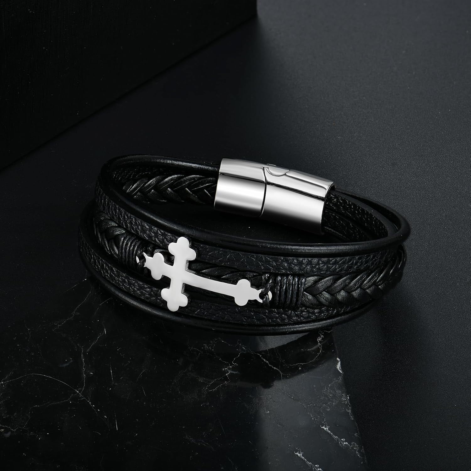 Mens Leather Cross Bracelet Multi-Layer Braided Faith Bracelet Religious Wristband Father's Day Birthday Jewelry Gifts for Men 8.5" Stainless Steel Buckle Bangle