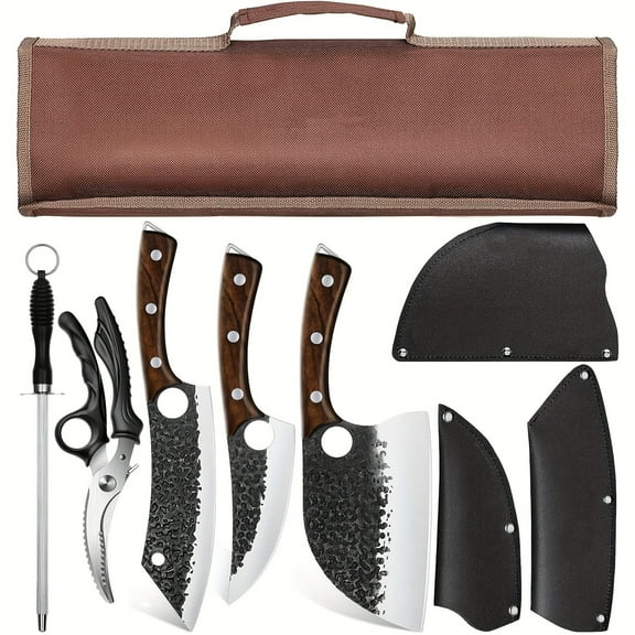 9 Pcs Chef Knife Set, Hand Forged Meat Boning Carving Cleaver Knife With Accessories For Kitchen, BBQ Camping Knives Set With Roll Bag