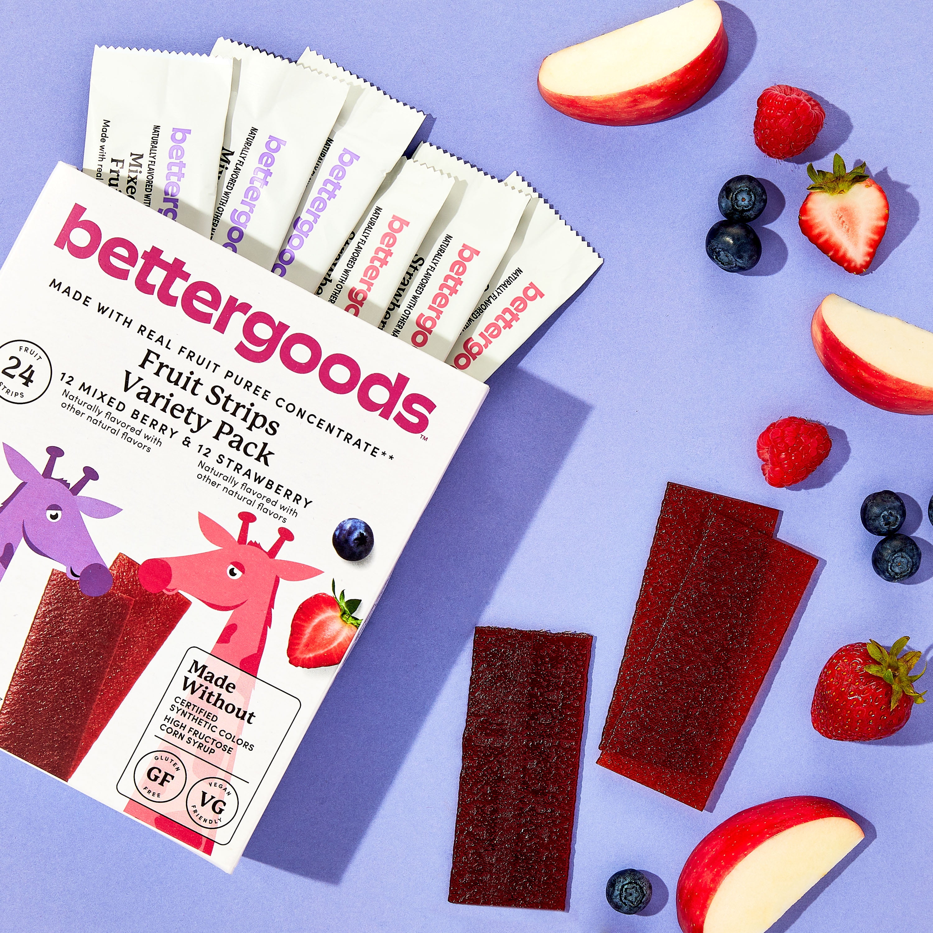 (2 pack) bettergoods Mixed Berry and Strawberry Fruit Strips Variety Pack, 0.5 oz, 24 Count