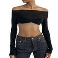 thumbnail image 5 of Women Off Shoulder Long Sleeve Top Mesh Ruched Slim Fit Crop T Shirt Sheer Blouse, 5 of 5