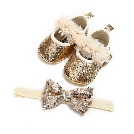 

KAOU Baby Girl Rose Sequins Anti-slip Soft Sole Prewalker Princess Shoes Headband