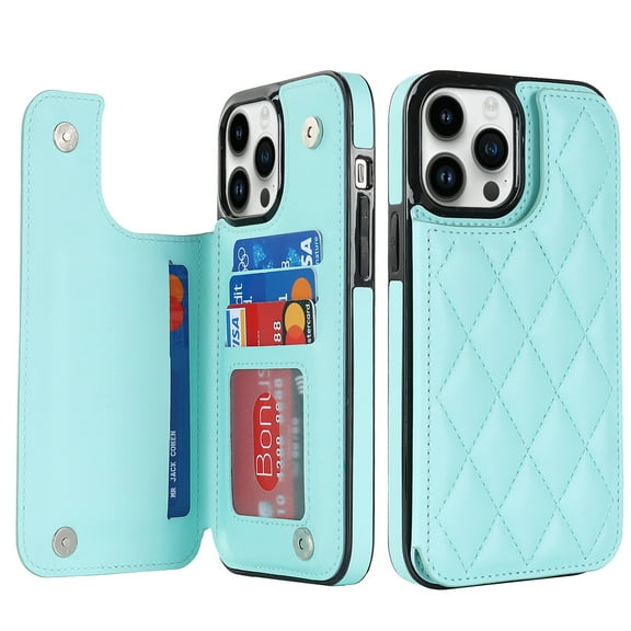 Mantto Case for iPhone XR Back Wallet Case, Card Slots Holder RFID Blocking Luxury PU Leather Shockproof Cover, Double Magnetic Buttons Kickstand Case for iPhone XR, Mint