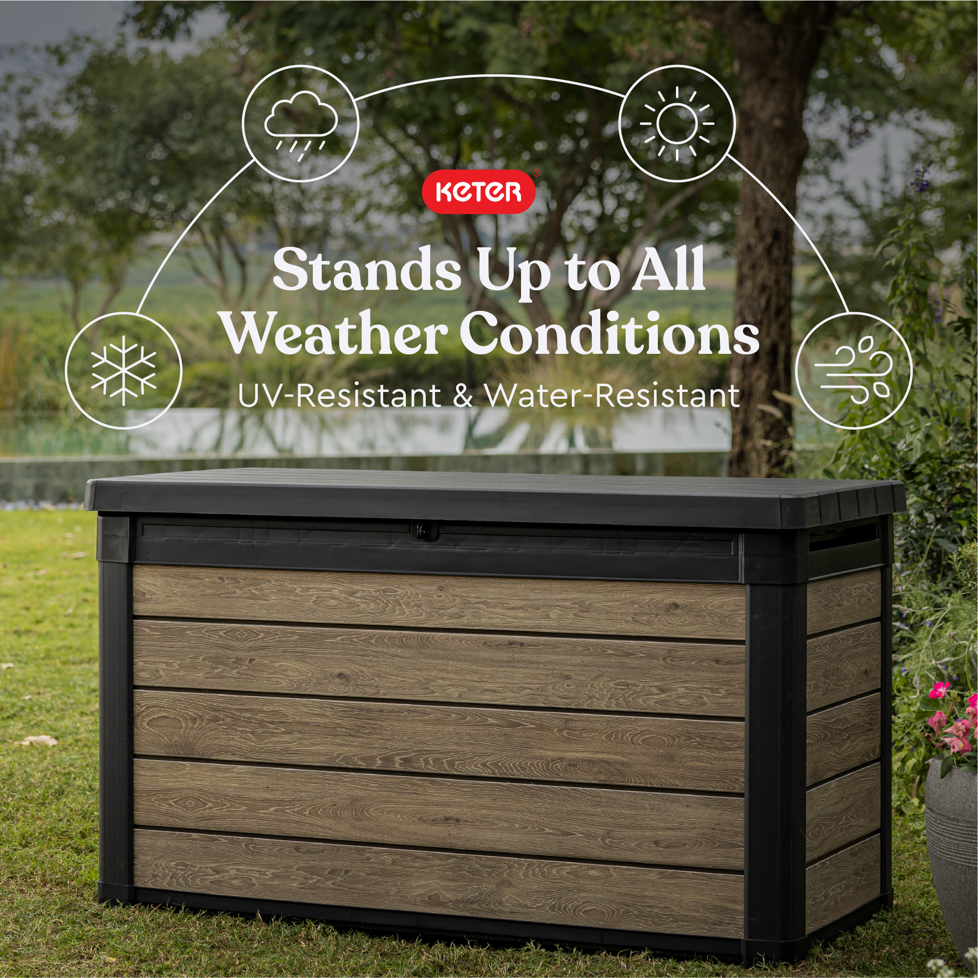 Keter Signature 100 Gallon Durable Resin Outdoor Deck Box Storage Organization, Ashwood