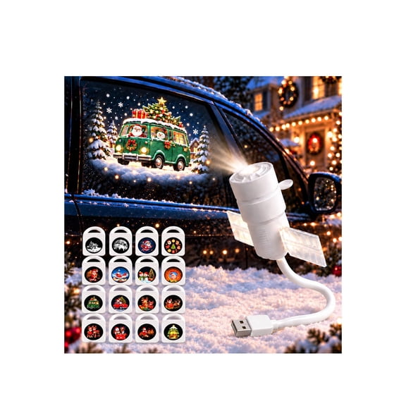 Christmas Car Projector Window Light, 16 Holiday Slides 360 Rotating USB Plug-In