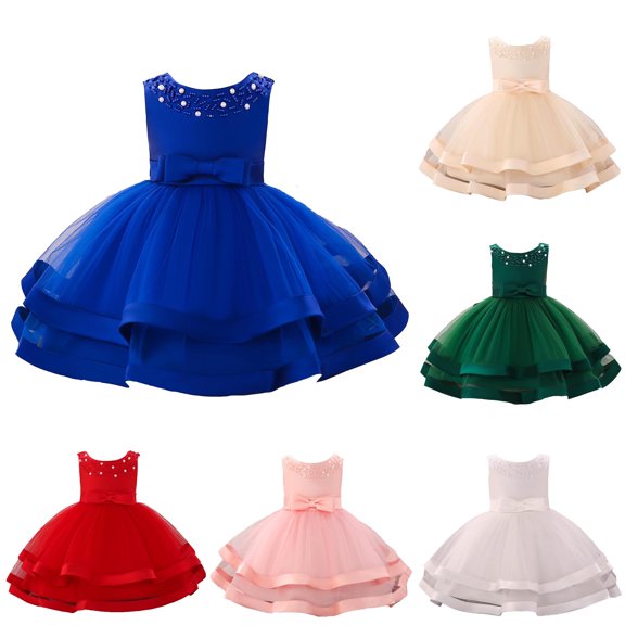 Huowey Girls Toddler Baby Party Dresses Solid Color Sleeveless Crewneck Cute Bow Glitter Tiered Layered Mesh Tutu Dress A-Line Wedding Birthday Pageant Princess Formal Gown,Blue,0-3 Months