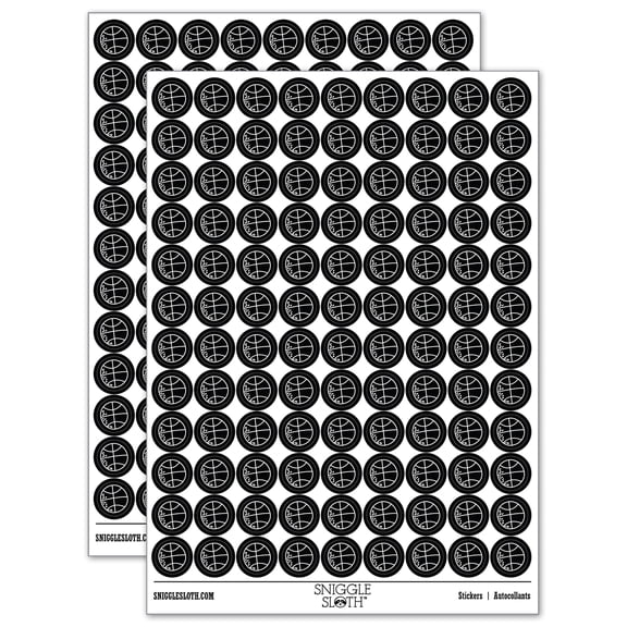 Basketball Doodle 200 Round Stickers - Black - Gloss Finish - 0.50" Size