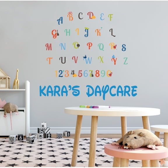 KIDS DAYCARE - Child Care Vinyl Educational Decal Sticker Personalized Name Design Multicolored English Alphabet Letters & Numbers Nursery Wall Decal 10" x 9"