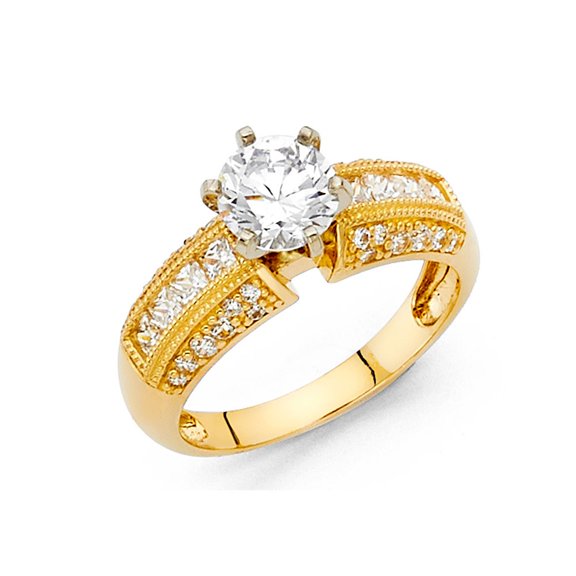 14k Yellow Gold CZ Round & Princess Solitaire with Accent Wedding Ring