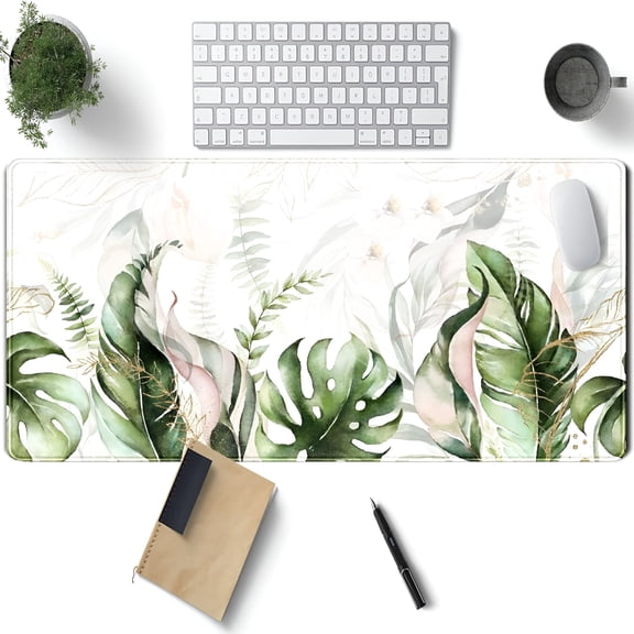 LAMIRO Green Tropical Leaves Desk Mat XL Large Gaming Mouse Pad Green Sage Plant Laptop Keyboard Mouse Mat Office Supplies Desk Decor Accessories for Women,Desk Mats Pads on top of Desks,31.5x11.8in