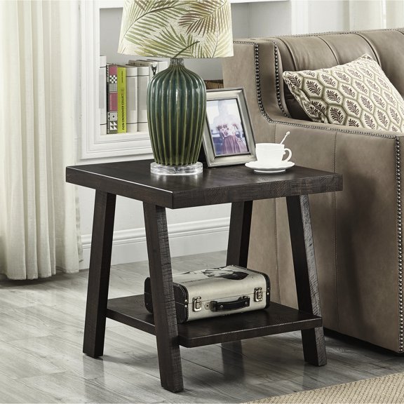 Weathered End Table, Rectangular Top & Extra Shelf Storage, , 24"w X 22"d 23"h, Modern Look Rich Finish Wood Table - Top, Brown Hue