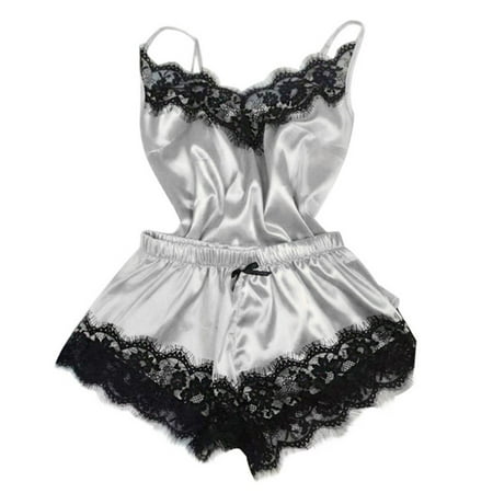 

BIZIZA Women Pajama SetPlus Size 2 Piece PJ Sets Loungewear Cami Top and Shorts Lace Nightwear Women s Sleepwear Silver M