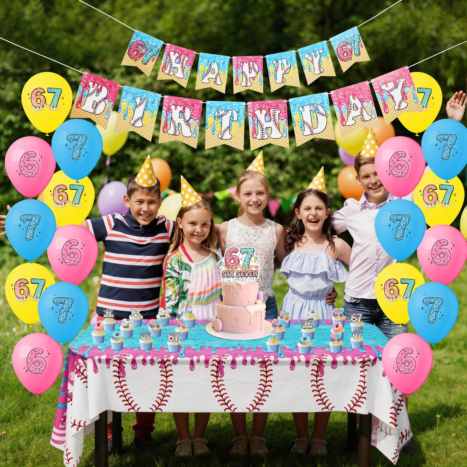6 7 Birthday Party Decoration Set Reusable 6 7 Happy Birthday Decor Supplies with Balloon Banner Tablecloth Cake Topper for Themed Gathering