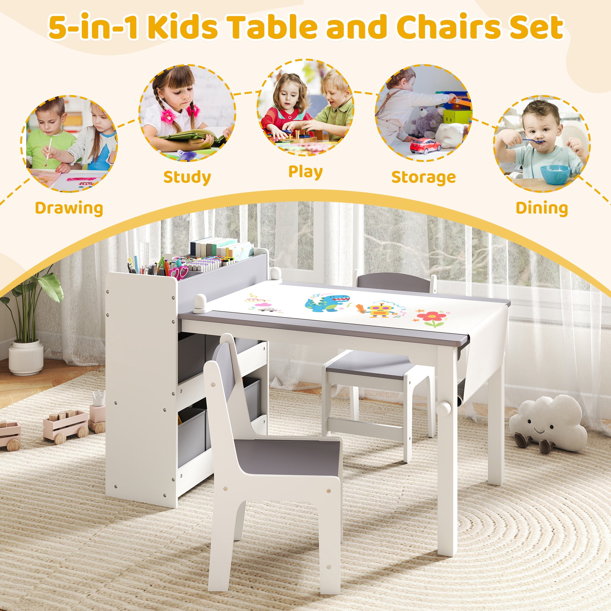 Kids Art Table and Chair Set, Craft and Play Wood Activity Table with Storage Bins and Paper Roll, Toddler Desk for Playroom/Nursery/Home, Kids Table and Chairs Set for Drawing/Learning/Read
