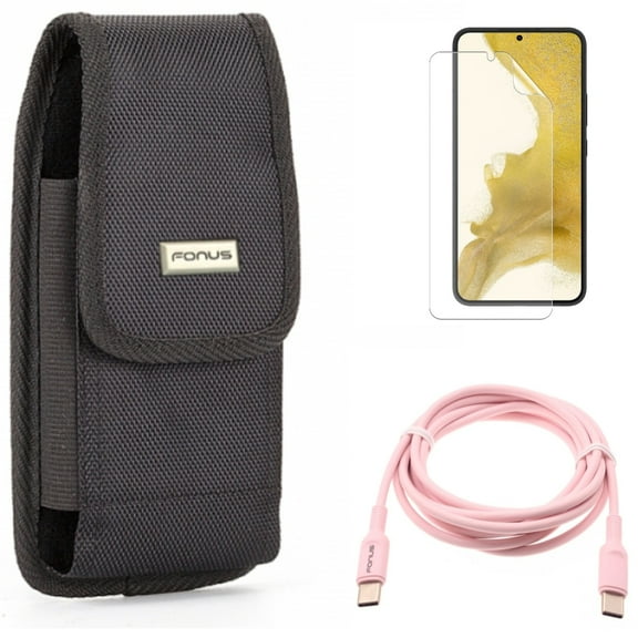 Pink 6ft Long Cable & Matte Screen Protector & Case Belt Clip for Samsung Galaxy S22 (6.1") - USB-C to Type-C PD Fast Charger & TPU Film Anti-Glare & Swivel Holster Accessory Bundle