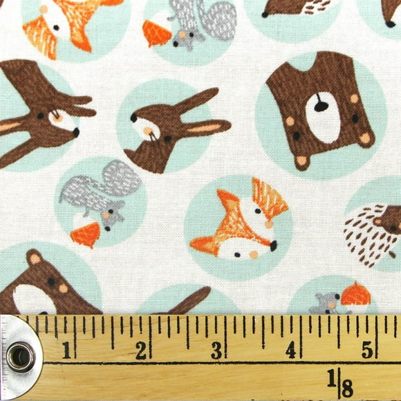 FABRIC CREATIONS White with Forest Animals in Blue Circles Cotton Fat Quarter 45 × 53 cm (18 × 21 in), 18x21