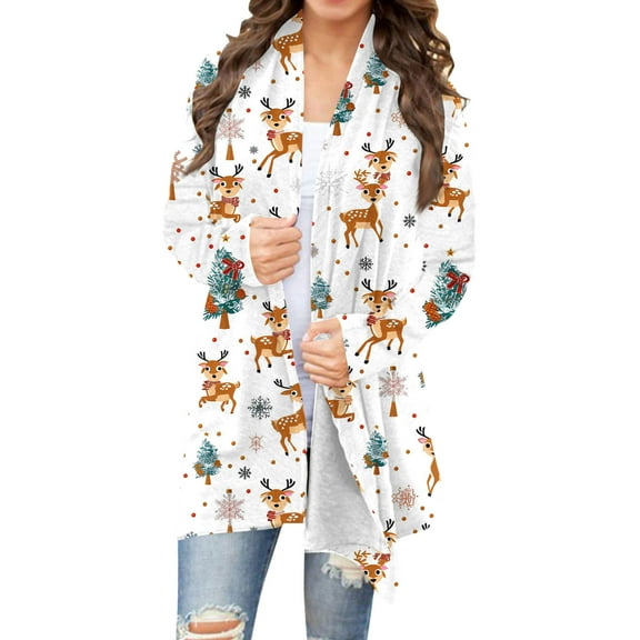 Mifsaly Lightweight Christmas Cardigan Women Xmas Funny Print Open Front Cardigan Long Sleeve Loose Flowy Outerwear Festival Party Tops 2025 Holiday Outfits