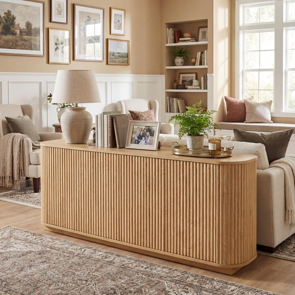 FurnitureR 64" Sideboard Storage Cabinet Modern TV Stand with Wave Pattern Doors, Striped Buffet Cabinet with Adjustable Shelves for Living Room, Bedroom, Entryway, Natural