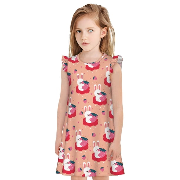 Fotbe Bunny And Strawberry Vestido de Dormir para Niñas de 3 a 10 Años, Mangas Cortas, Estilo Princesa, Pijama Camisón con Mangas Voladas-X-Large