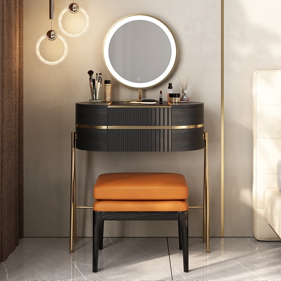 Lartis Makeup Vanity with Mirror and Lights - with LED Mirror,Glass Top for Bedroom,Stainless Steel Foot，White Wax Wood Stool