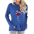 thumbnail image 1 of Camiseta de mujer Patrón de sombrero de Navidad Manga de hombro caído Cuello redondo Top informal con bolsillo Azul S, 1 of 4