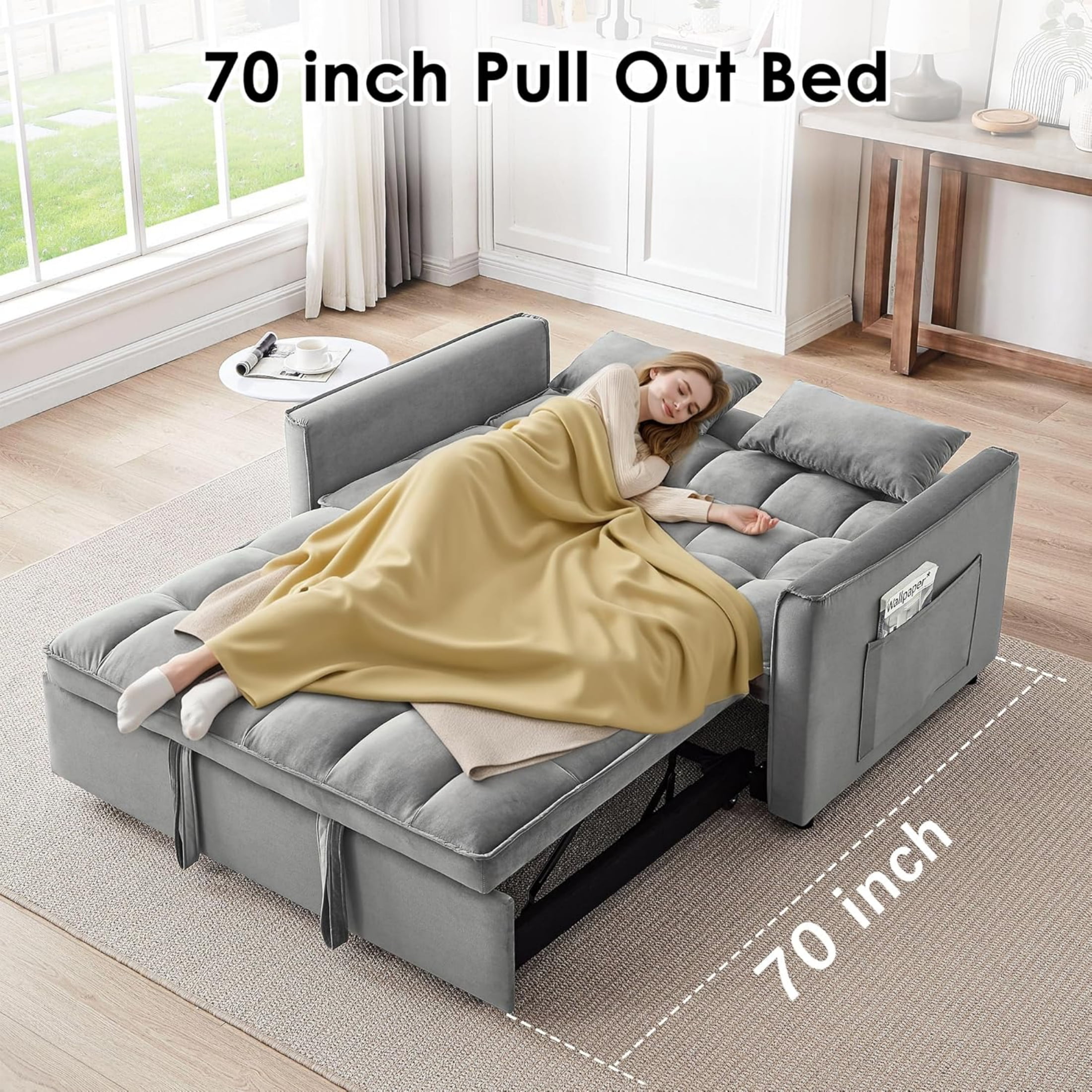 Vinform 54" 3 in 1 Convertible Sleeper Sofa Bed, Pull Out Loveseat Couch with Storage Pocket, Light Gray