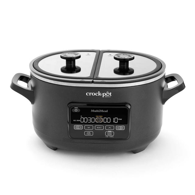 Crock-Pot MultiMeal programmable slow cooker with two separate cooking compartments and digital timer display.