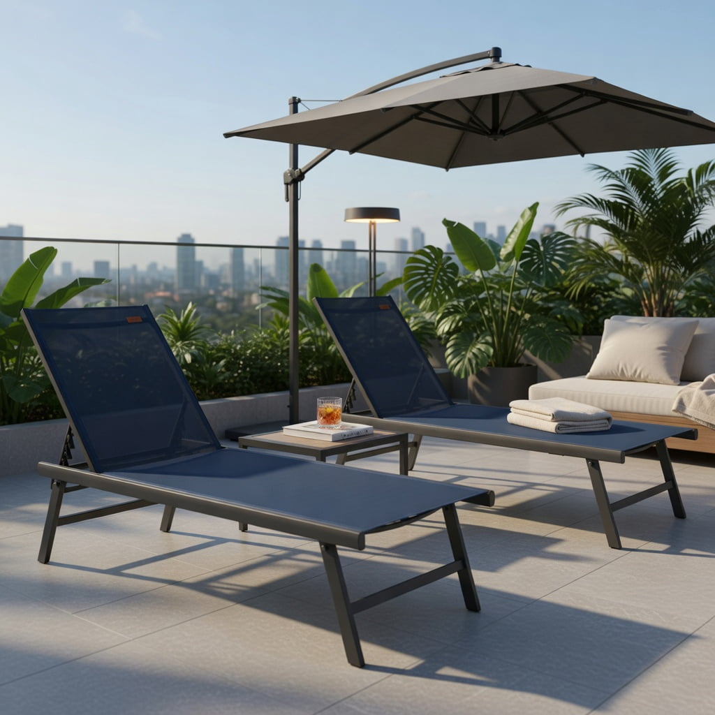 Hommoo 3-Piece Outdoor Chaise Lounge Chair Set with Adjustable Backrest and DPC Wood-Look Coffee Table for Patio, Poolside, or Backyard, Navy