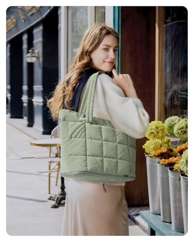BAGSMART Expandable Tote Bag for Women, Puffer Small tote bag with Zipper, Travel Tote Bags Casual Handbags Nurse Bag, Green