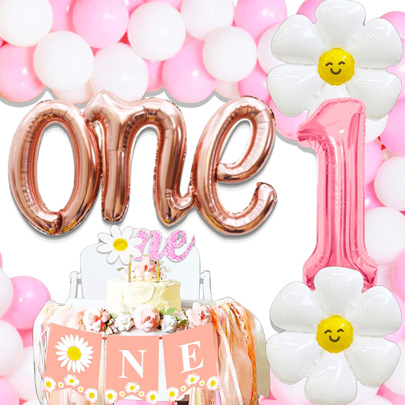 1st Birthday Decorations Daisy Theme Set - Pastel Pink & Rose Gold Party Decorations for Milestone Celebrations