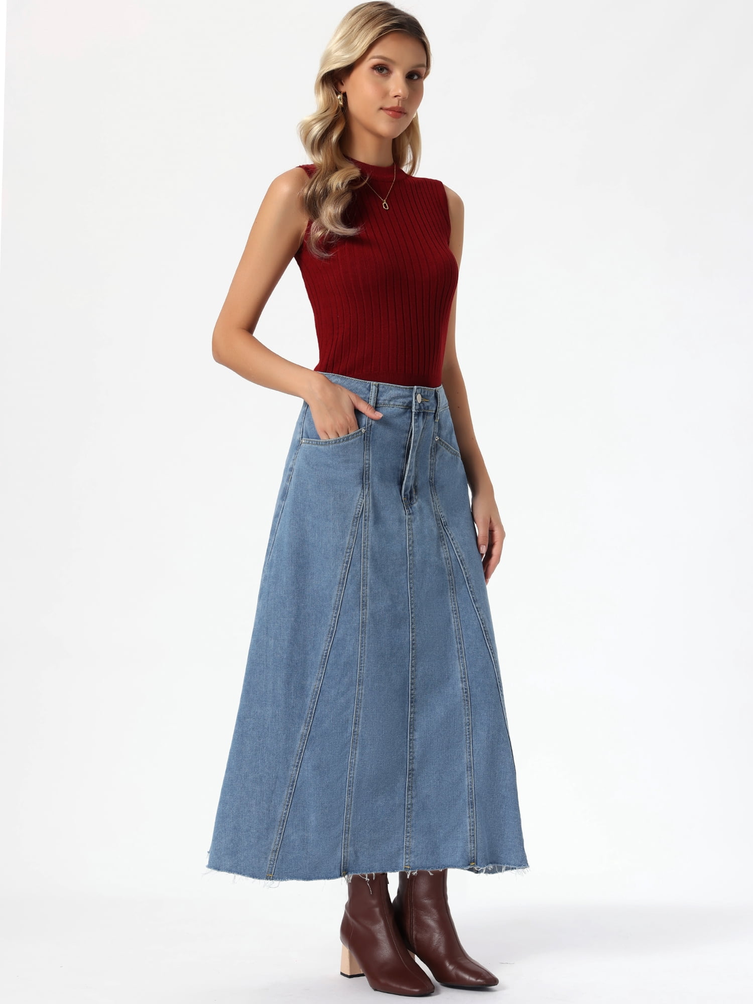 DARING DIVA Women's Denim Maxi Skirt High Waisted Flared Jean Skirts S Light Blue