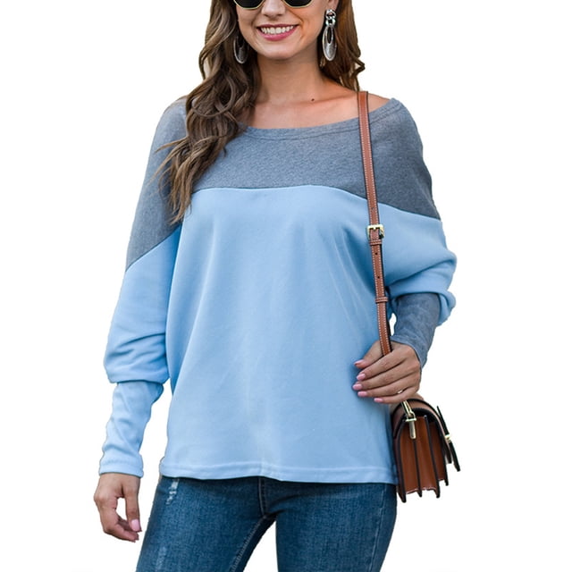 Sudadera Manga Larga Fuera Del Hombro Casual Suelta Moda Jersey Tops Para Mujer Gris Azul M