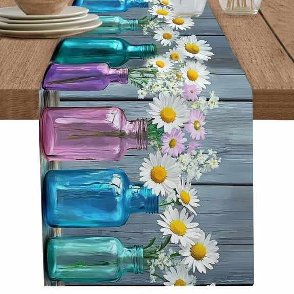 Daisy Flower Colorful Bottle on Vintage Table Runner-70 Inch Long Blue Wood Grain Table Runners Linen Burlap Tablerunner for Kitchen Dining Room Holiday Party