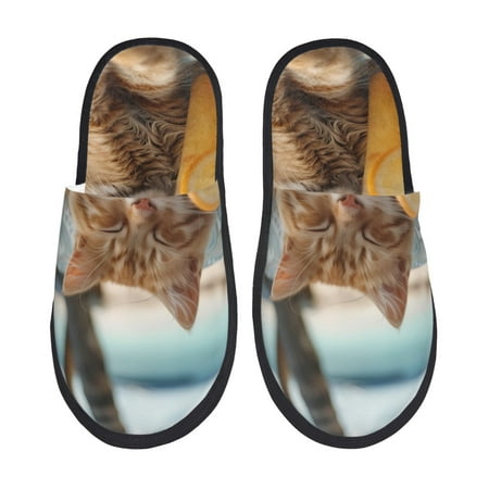 Balery Relaxing Cat With Orange Juice Slient Indoor Furry Fleece Comfort House Shoes Soft Non-Slip Home Shoes Cotton slippers House Slippers-- Large