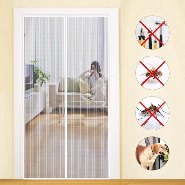 White Mosquito Net Magnetic Door 100x220cm Anti Fly Curtain Self-closing Adhesive Strip Ultra Fine Mesh Easy Tool-Free Installation for Children and Pets