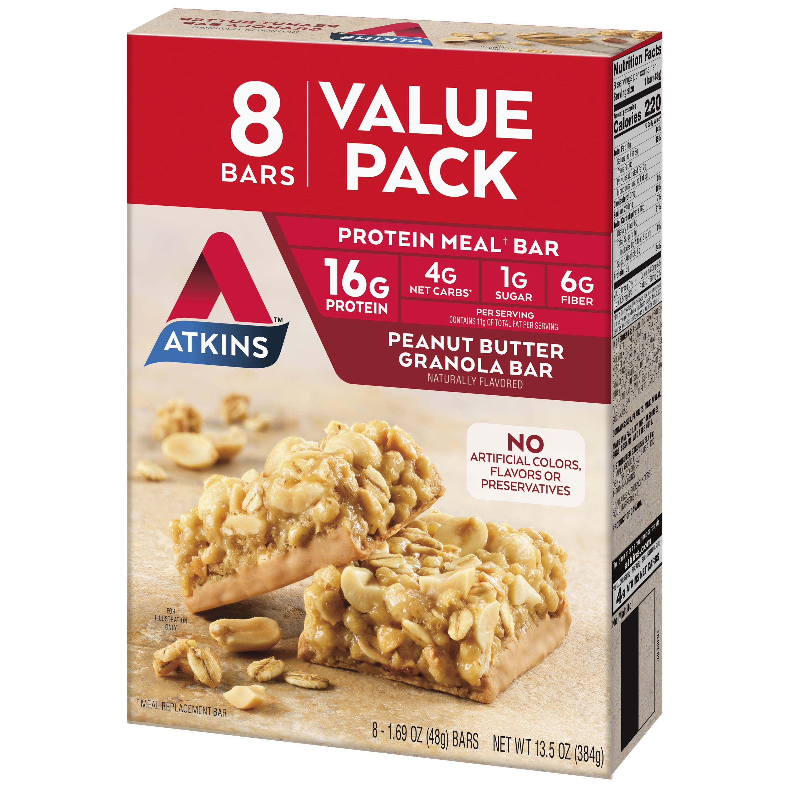 Atkins Peanut Butter Granola Protein Meal Bar, 16g of Protein, Meal Replacement, 8 Count (Value Pack)