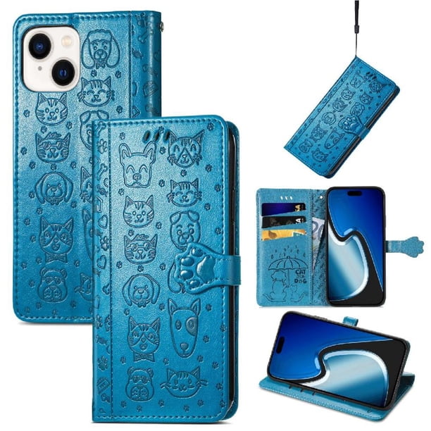 Funda Cartera FOXDOCK para iPhone 15 , Flip PU con Relieve de Gatos y Perros, Tarjetero y Soporte