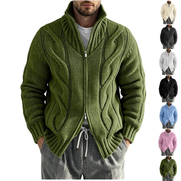 FOPSUFGWFO Cable Knit Cardigan for Men Solor Collar Loose Zipper Sweaters Long Sleeve V-Neck Tops for Fall Winter L