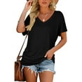 thumbnail image 3 of SHIBEVER Women Summer T Shirts Casual V Neck Tops Short Sleeve Tunic Tops for Women Loose Solid Color Black Tee Dolman Side Shirring Shirts Size XL, 3 of 9