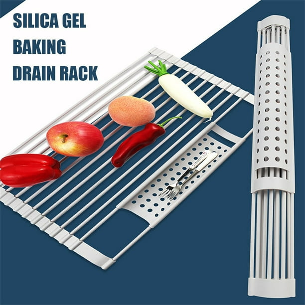 Escurridor de platos enrollable extragrande y extensible - Sobre el fregadero, escurridor de cocina, tapa plegable con cesta de utensilios extraíble, gris