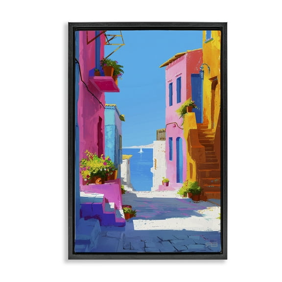 Stupell Industries Coastal Town Buildings Buildings & Architecture Painting Black Floater Framed Canvas Art Print Wall Art, 17 x 25