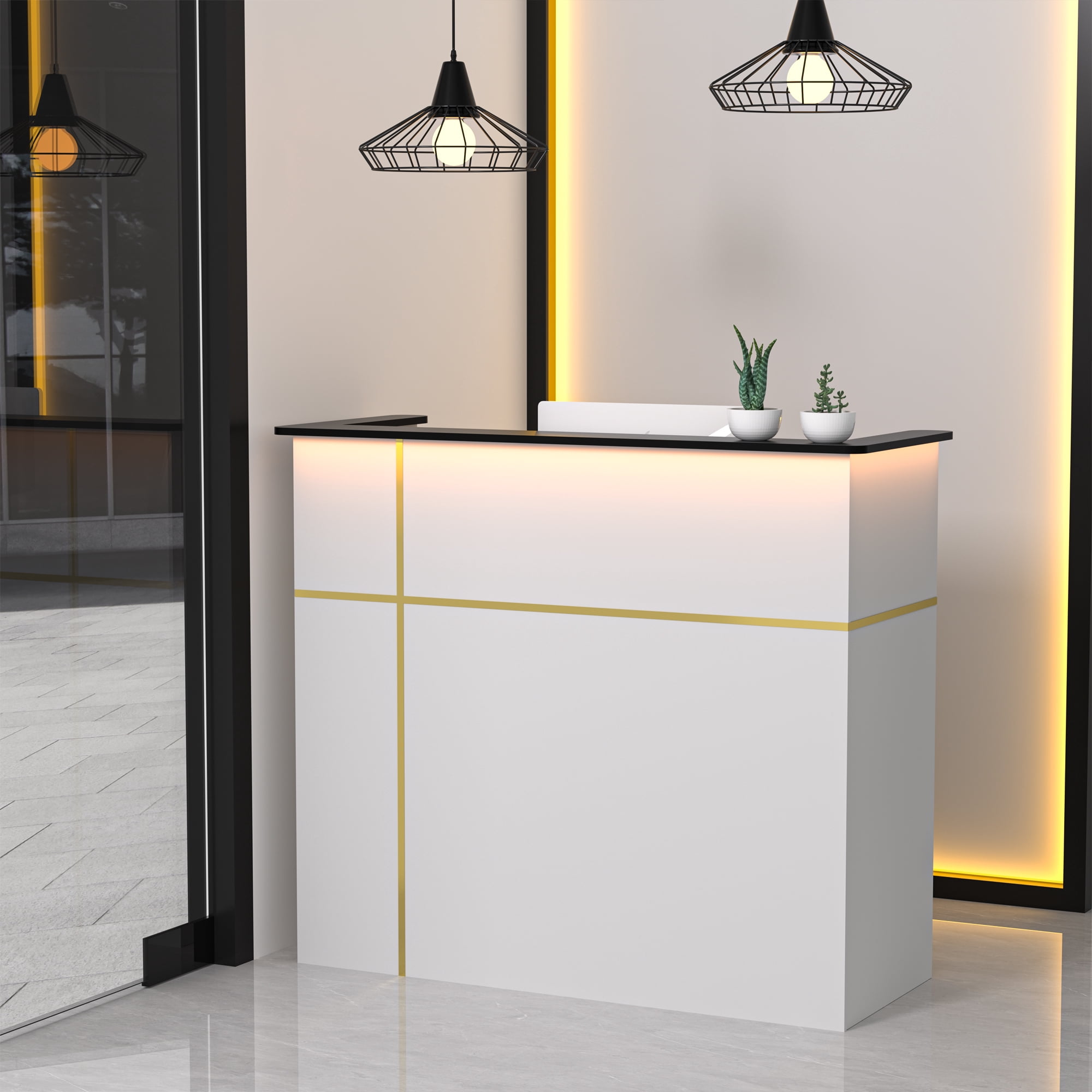 HARIPUL 50-inch Reception Desk with Counter, Front Desk Office Desk with Storage Shelves & LED Lights, White