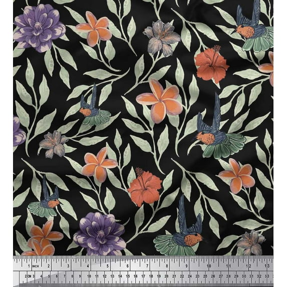 Soimoi Black Cotton Cambric Fabric Flying Bird & Floral Print Fabric by The Yard 56 Inch Wide